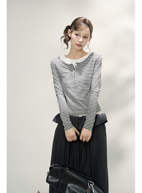 AXIA亨利领条纹假两件长袖T恤女秋季撞色显瘦修身针织打底衫上衣