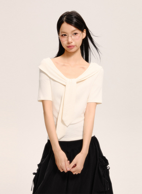 AXIA小众设计感白色短袖T恤女2025年新款学院风知识分子上衣夏季