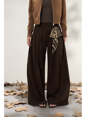 AXIA早秋高腰阔腿裤女夏宽松休闲垂坠感拖地直筒长裤子咖色显腿长