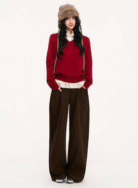 AXIA 咖色高腰拖地阔腿裤女秋冬设计感宽松显瘦垂感气质休闲裤