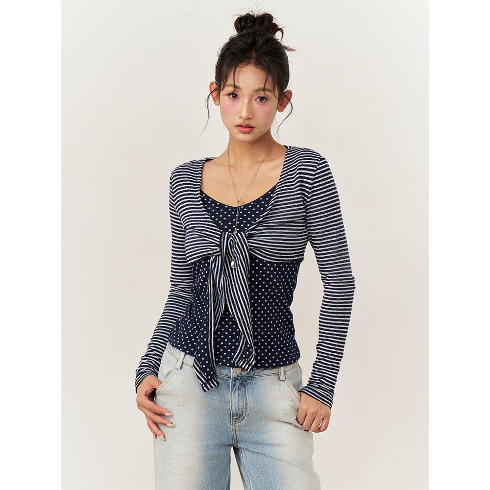 法式条纹波点设计感T恤上衣