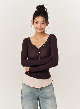 AXIA V领假两件半开领长袖T恤女设计感小众修身收腰撞色上衣秋冬