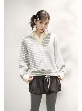 AXIA翻领条纹长袖卫衣女秋冬假两件拼接设计感V领上衣外套韩系