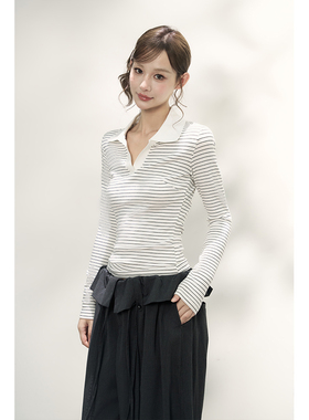 AXIA长袖T恤女秋季V领polo衫黑白条纹修身显瘦正肩上衣早秋打底衫