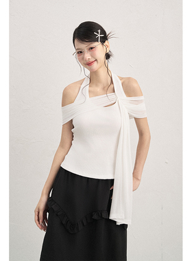 AXIA白色挂脖一字肩露肩短袖上衣女夏季修身短款设计感不规则T恤