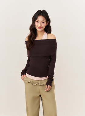 AXIA 甜辣风一字肩露锁骨修身长袖T恤女秋冬挂脖假两件短款上衣