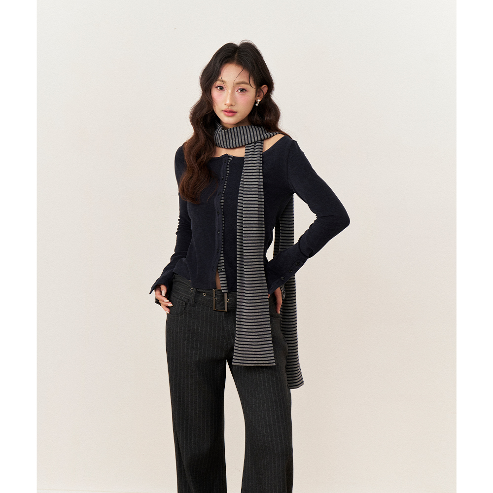 AXIA 送围巾 格纹拼接修身开衫针织衫女2025秋冬新款弹力短款上衣