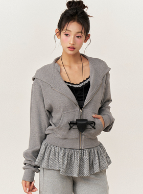 AXIA 短款开衫针织拉链外套女秋冬新款复古肌理感灰色连帽上衣