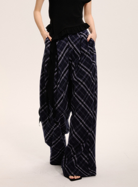 AXIA复古休闲裤女夏宽松显瘦百搭格子设计感直筒阔腿长裤子慵懒风