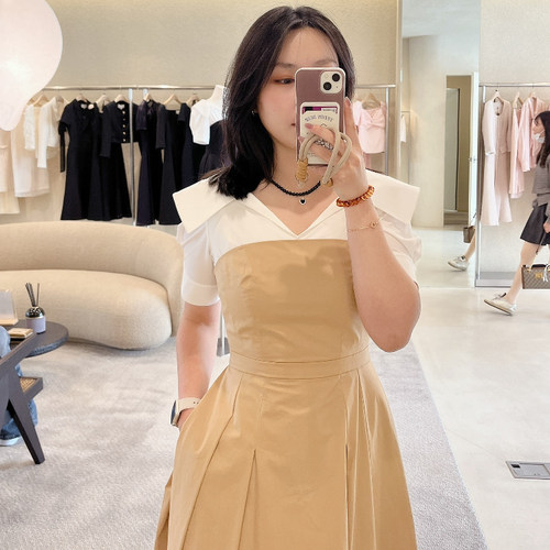 不退换 韩国Bau代购 拼接短袖收腰连衣裙