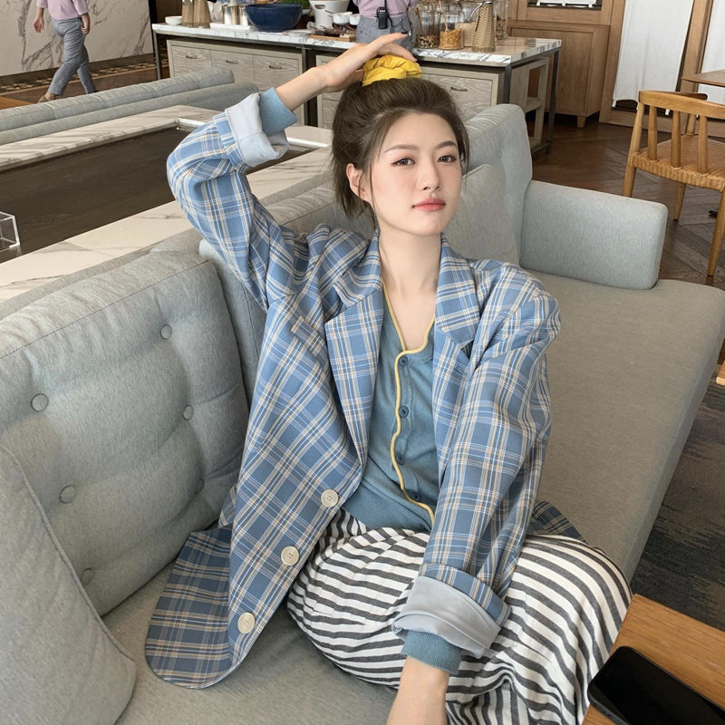 2022春装新款百搭宽松格子小西装女设计感小个子长袖休闲西服外套