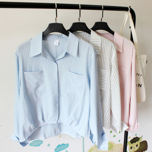 小众前短后长不规则衬衫女2025新款洋气竖条纹遮肚宽松显瘦衬衣春