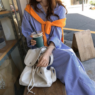 过膝胖MM大版 衬衫 超长款 宽松韩版 粉色竖条纹衬衣寸 连衣裙女春长袖