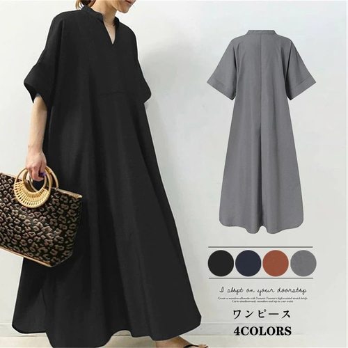 休闲宽松长款短袖连衣裙