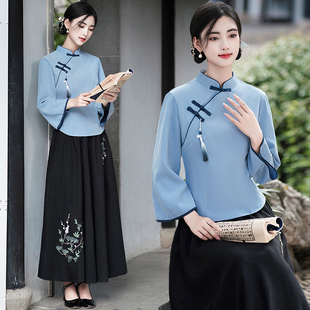 春秋新款复古改良旗袍套装女斜襟盘扣年轻版茶服两件套唐装女上衣
