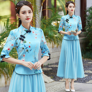 妈妈女套装 春夏装 中国风改良旗袍上衣民族风广场舞演出服汉服唐装