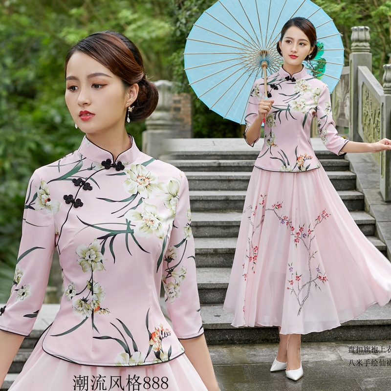 民国复古两件套装长款优雅风旗袍