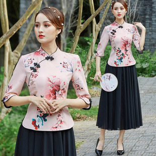 采耳上衣 日常改良印花中国民国风旗袍两件套复古汉服中袖 新款 修身