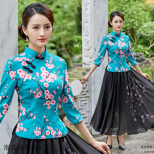 汉服七分袖 中老年妈妈唐装 修身 时尚 春夏改良旗袍套装 女装 上衣中式