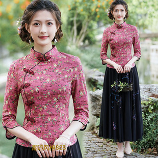 复古风新款唐装盘扣改良版旗袍两件套装上衣中式中老年碎花表演服