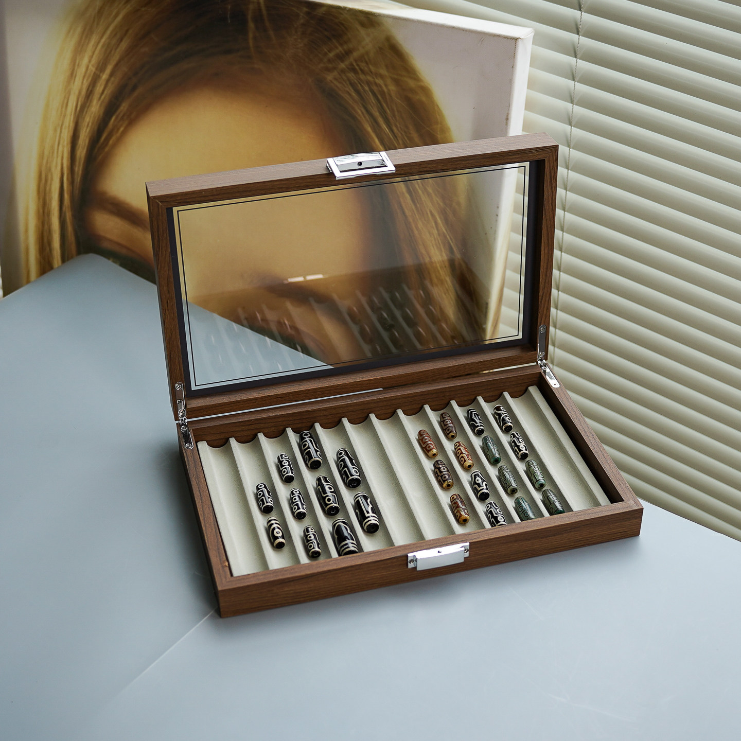 九眼天珠收纳盒胡桃木纹12位钢笔西藏串珠玛瑙收藏展示箱防尘带盖,收纳整理,首饰盒,淘宝优惠券,粉丝福利购,淘宝优惠卷