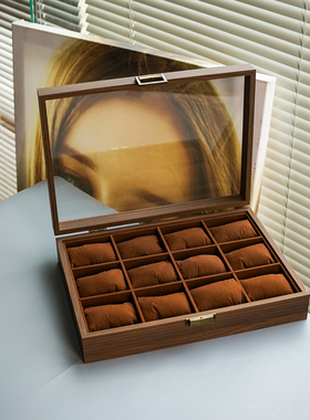 手表收纳盒12位黑胡桃木纹轻奢复古机械表藏表盒棕色绒面丝绵软枕