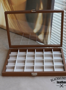 24格胡桃木纹防尘带盖首饰收纳盒耳环耳饰串珠文玩胸针格子饰品盒