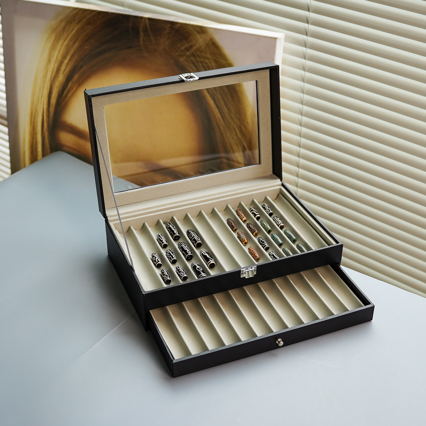 天珠收藏箱PU皮质双层24位玛瑙天然吊坠收纳展示盒钢笔串珠陈列盒,收纳整理,首饰盒,淘宝优惠券,粉丝福利购,淘宝优惠卷