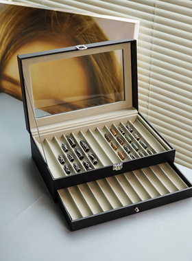 天珠收藏箱PU皮质双层24位玛瑙天然吊坠收纳展示盒钢笔串珠陈列盒