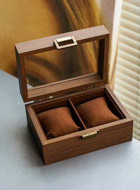 手表收纳盒 黑胡桃木纹2位复古防尘带盖机械表收藏展示箱绒布内里