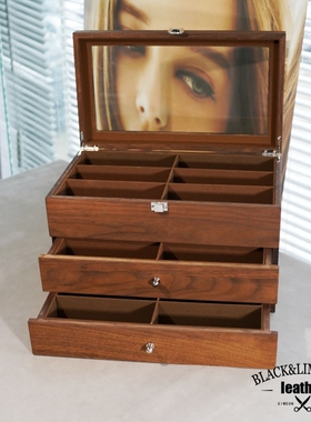 18位黑胡桃木眼镜墨镜首饰收纳盒 3层大容量高档精致太阳镜展示盒