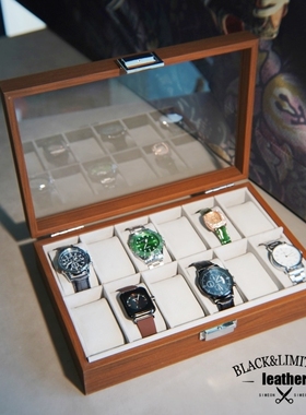 手表收纳盒12格黑胡桃木纹高档木质表盒机械腕表展示收藏灰色内里