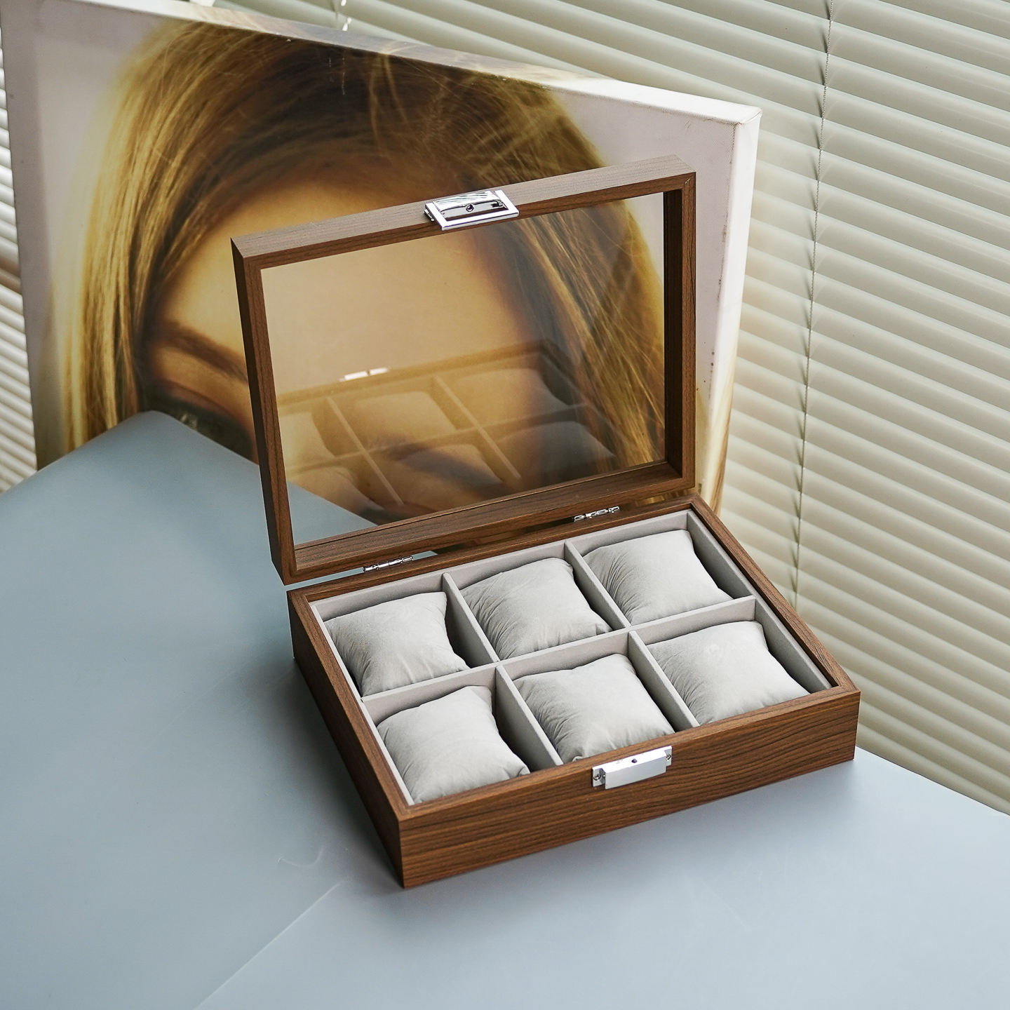 6位黑胡桃木纹手表收纳盒