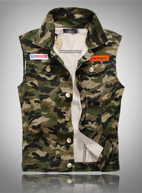 唐酷新款韩版修身男装牛仔马甲男士牛仔马夹潮流坎肩迷彩休闲背心