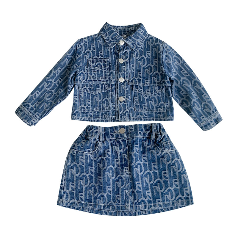 兒童套裝春秋款女童牛仔長(zhǎng)袖開(kāi)衫短裙兩件套 AQ591