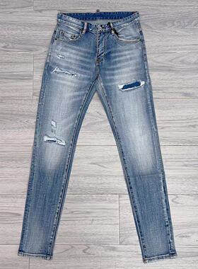 欧美新款潮牌d2牛仔裤男破洞补丁蓝色磨白修身雅痞休闲牛仔长裤子