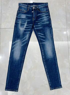 欧美简约潮牌新款d2牛仔裤男士蓝色磨白修身弹力高街休闲长裤子男