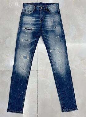 欧美风格新款潮牌d2牛仔裤男深蓝色破洞补丁修身针缝弹力长裤子男