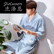 Jelloen áo ngủ nam cotton nửa tay mùa thu và mùa đông thanh niên yukata mỏng cotton dài áo choàng rộng giản dị - Night Robe