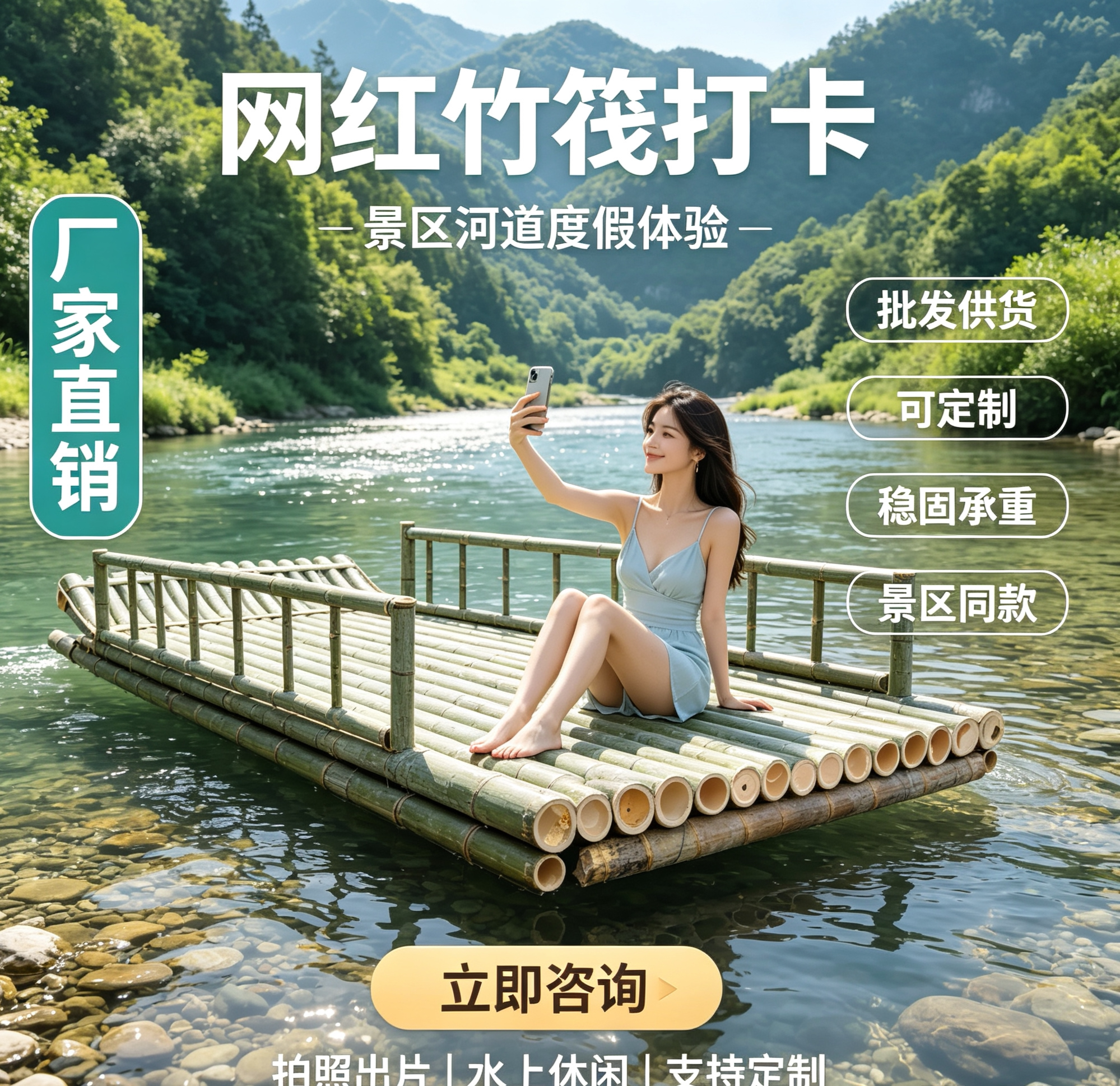 竹排竹筏带护栏景区观光民宿水上游玩打卡竹筏源头厂家直销可定制