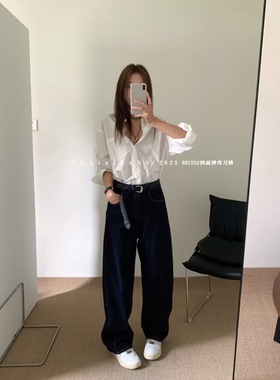 69133蓝阔腿弯刀牛仔裤女早秋2025年新款春秋高腰显瘦宽松直筒裤