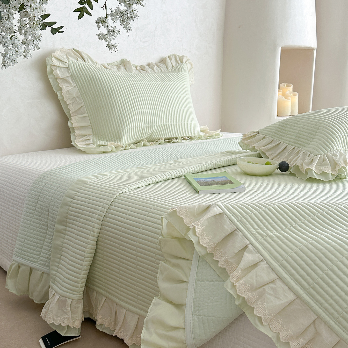 夏季新款法式双层花边莱赛尔天丝夹棉凉感防滑单床盖三件套可机洗,床上用品,床盖,淘宝优惠券,粉丝福利购,淘宝优惠卷