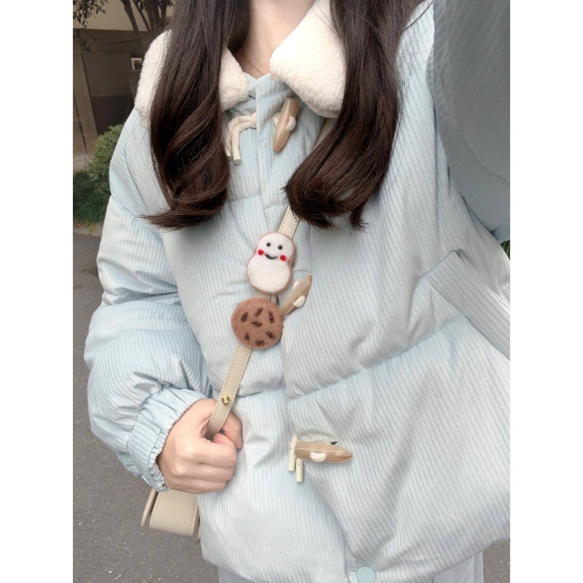 羊羔毛领棉服女秋冬季加厚宽松学生牛角扣短款小个子冬装棉衣外套