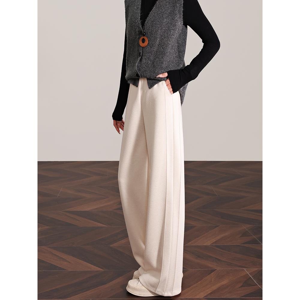 白色阔腿裤加绒裤子秋冬加厚高腰宽松软糯桑蚕丝羊毛垂感直筒女裤