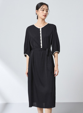 花拾【91.8桑蚕丝】通勤气质撞色真丝连衣裙弹力双乔收腰显瘦裙子