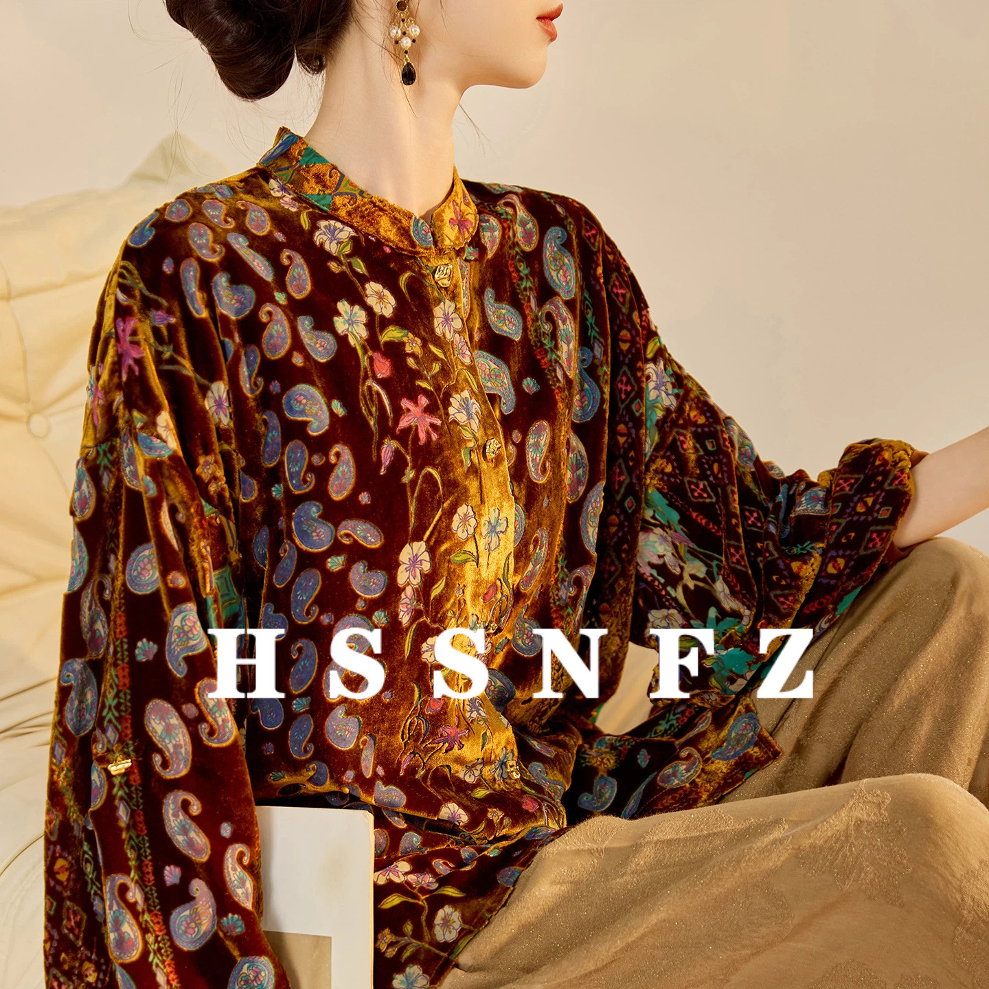 HSSNFZ 新中式丝绒衬衫女2025秋款烂花琉璃窗纹外套盘扣国风上衣,女装/女士精品,衬衫,淘宝优惠券,粉丝福利购,淘宝优惠卷