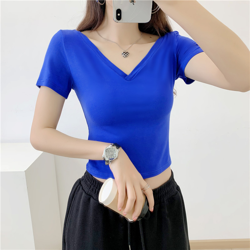 莫代尔短袖t恤女克莱因蓝双v领露背小个子漏肚脐高腰短款瑜伽上衣