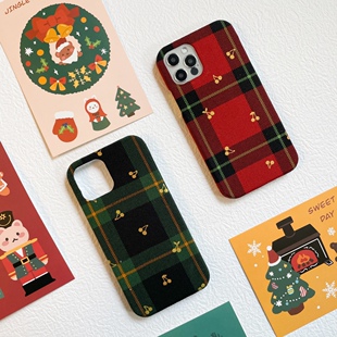 定制手工新年圣诞格子樱桃布艺洛丽塔手机壳iPhone13141516Promax