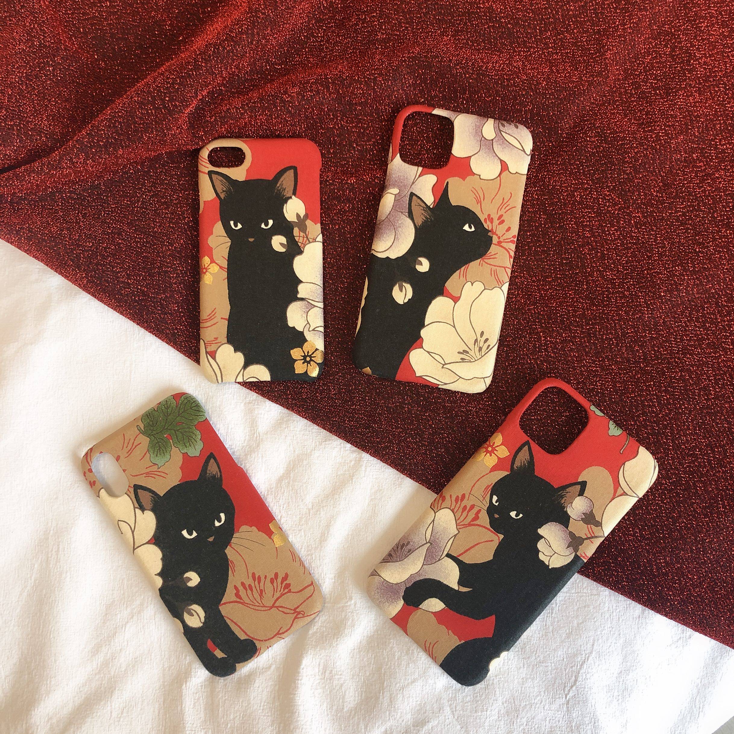 本命年祈福玄猫黑猫中国风布艺手机壳iphone1213保护套安卓