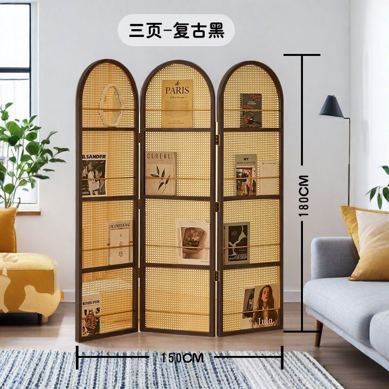现代简约 实木 屏风 可折叠 隔断 客厅 古风 藤编书架